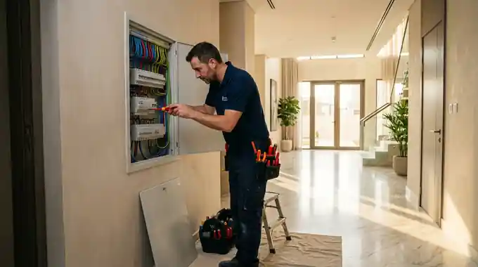 Electrician repairing a distribution board in an Al Furjan home