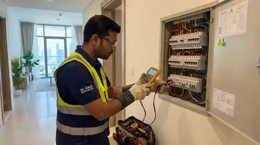 Electrician testing a panel with a multimeter in Al Furjan